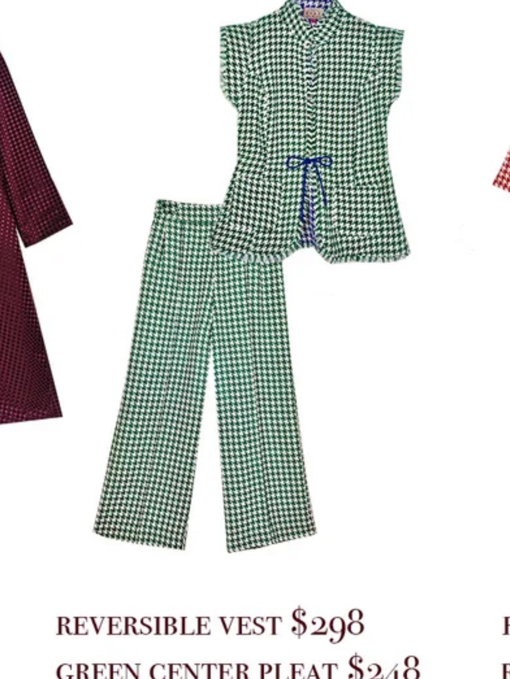 Buru x Mary Orton Center Seam Green & White Houndstooth Wide-Leg Trousers